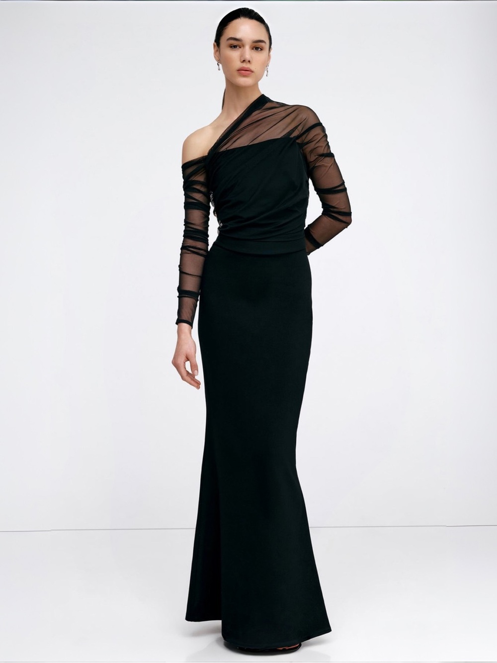 Marcella NYC Monroe Black Long Sleeve Mesh Mermaid Gown Sz S NEW
